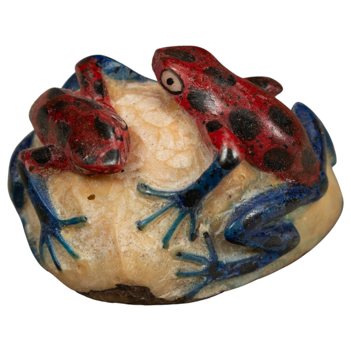 Double Blue Red And Black Frog Tagua Carving