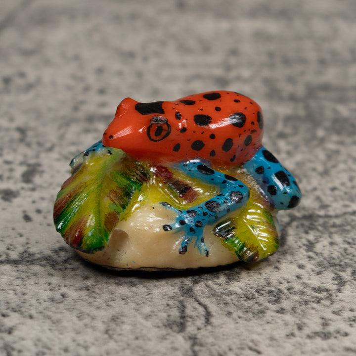 Vintage Blue Red Green And Black Frog Tagua Carving