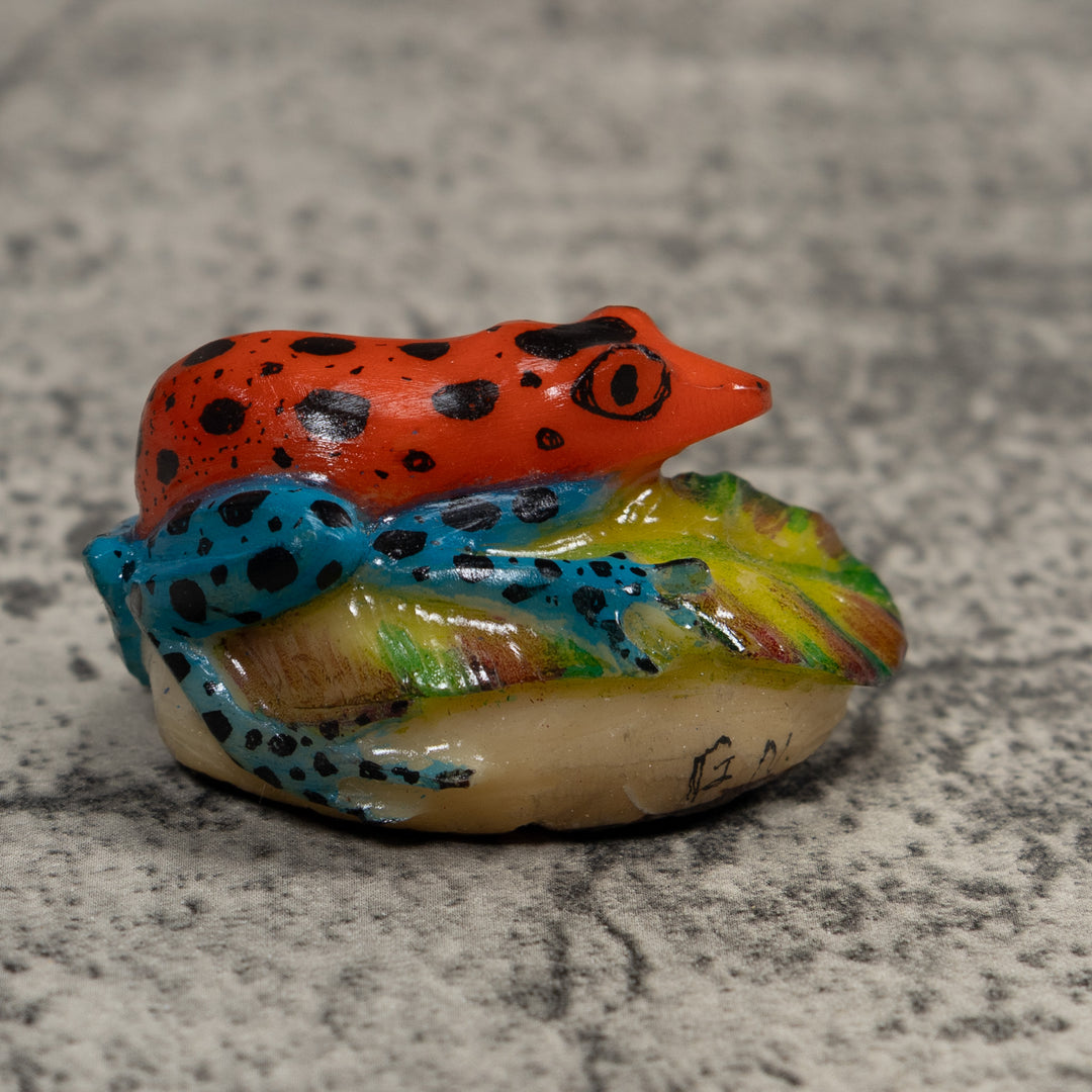 Vintage Blue Red Green And Black Frog Tagua Carving