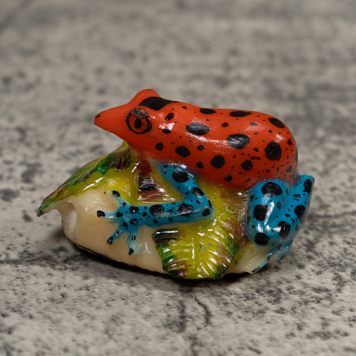 Vintage Blue Red Green And Black Frog Tagua Carving