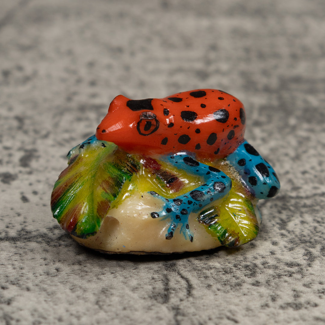 Vintage Blue Red Green And Black Frog Tagua Carving