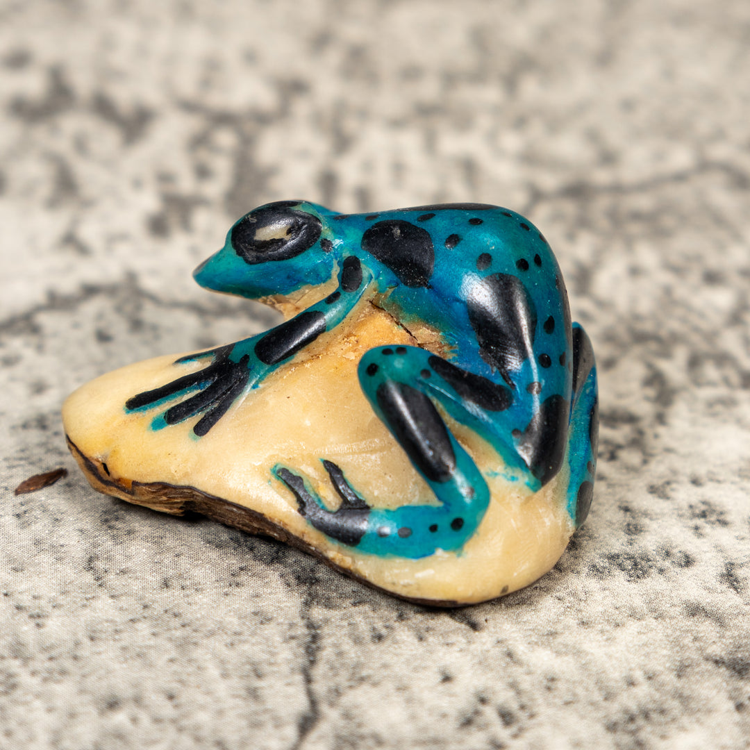 Vintage Blue And Black Frog Tagua Carving