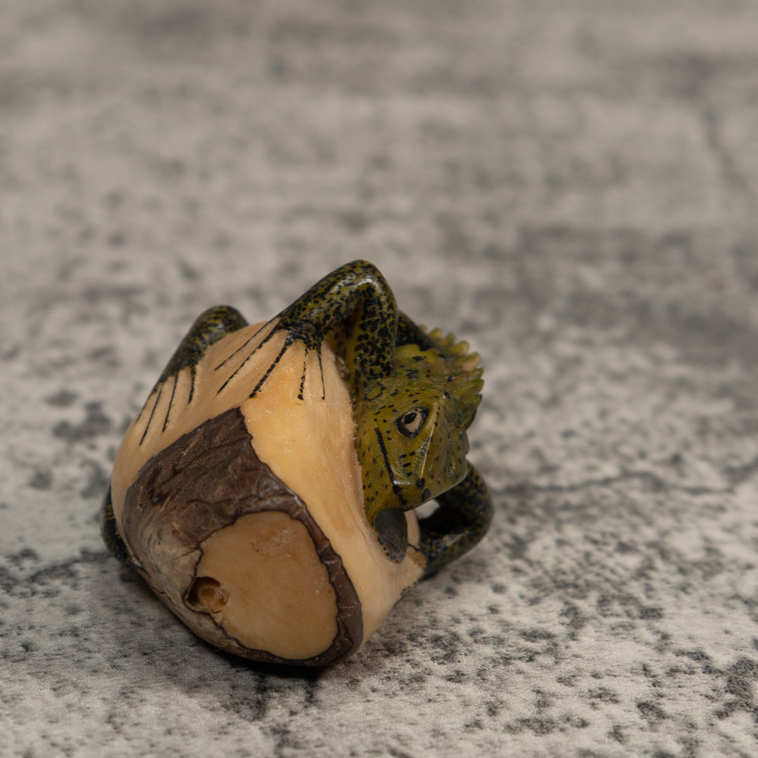 Vintage Green And Black Iguana Lizard Tagua Carving