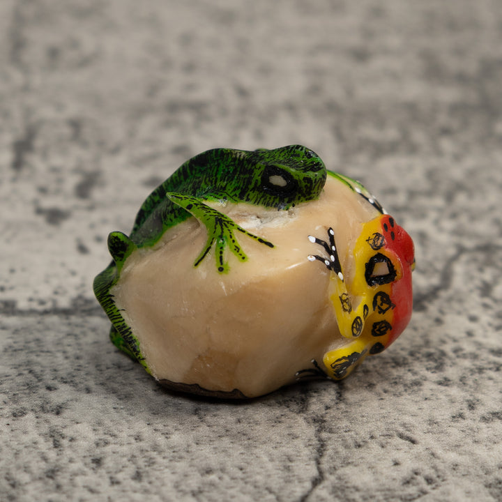 Red Green And Yellow Iguana And Frog Tagua Carving