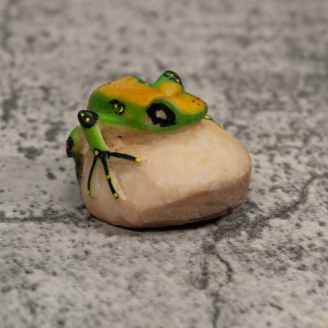 Vintage Green Yellow And Black Frog Tagua Carving