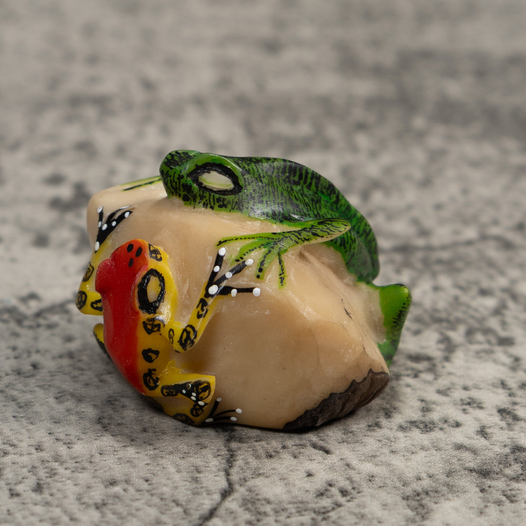 Red Green And Yellow Iguana And Frog Tagua Carving