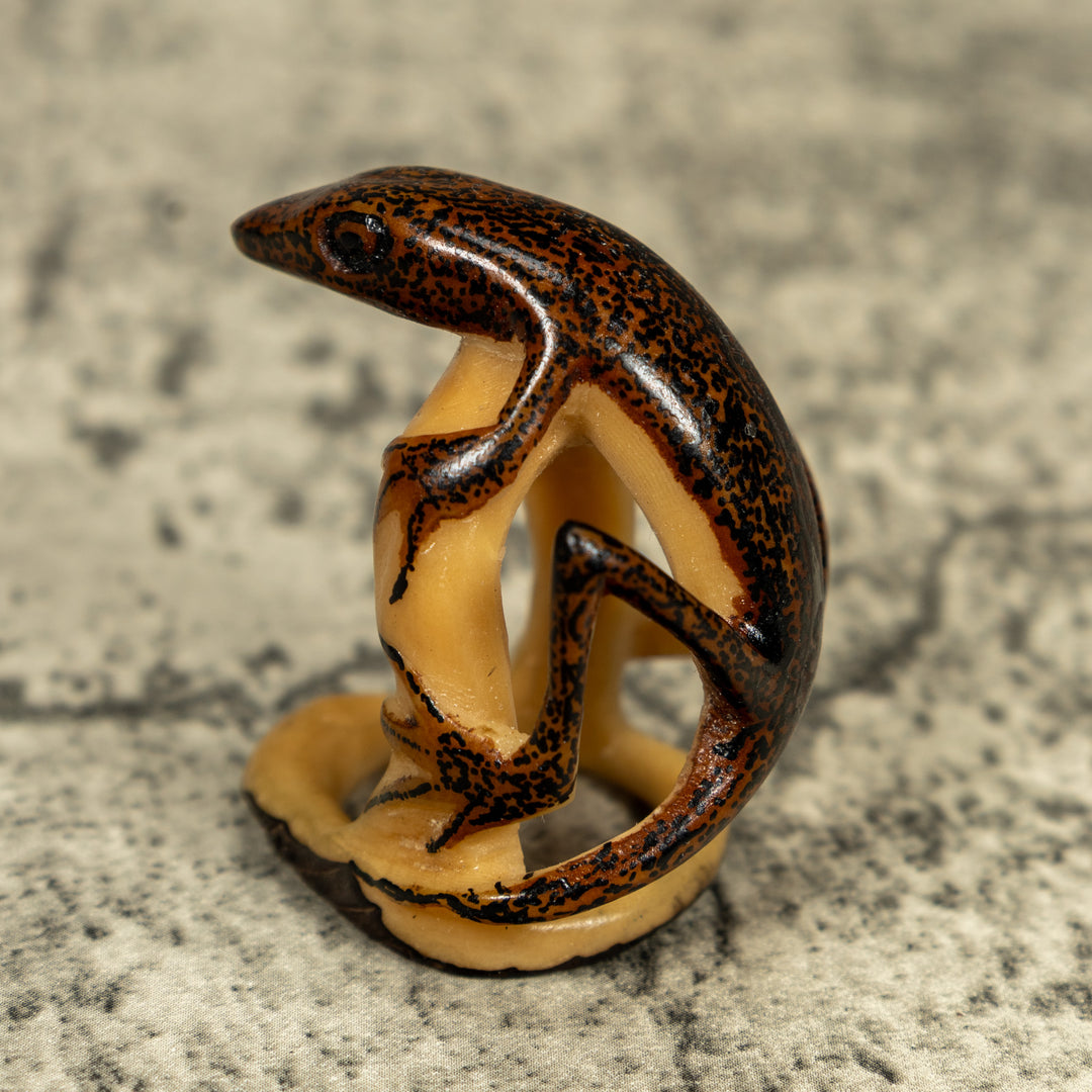 Brown And Black Gecko Lizard On Pedestal Tagua Carving