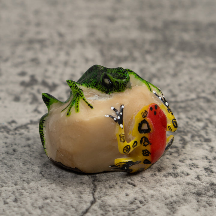 Red Green And Yellow Iguana And Frog Tagua Carving