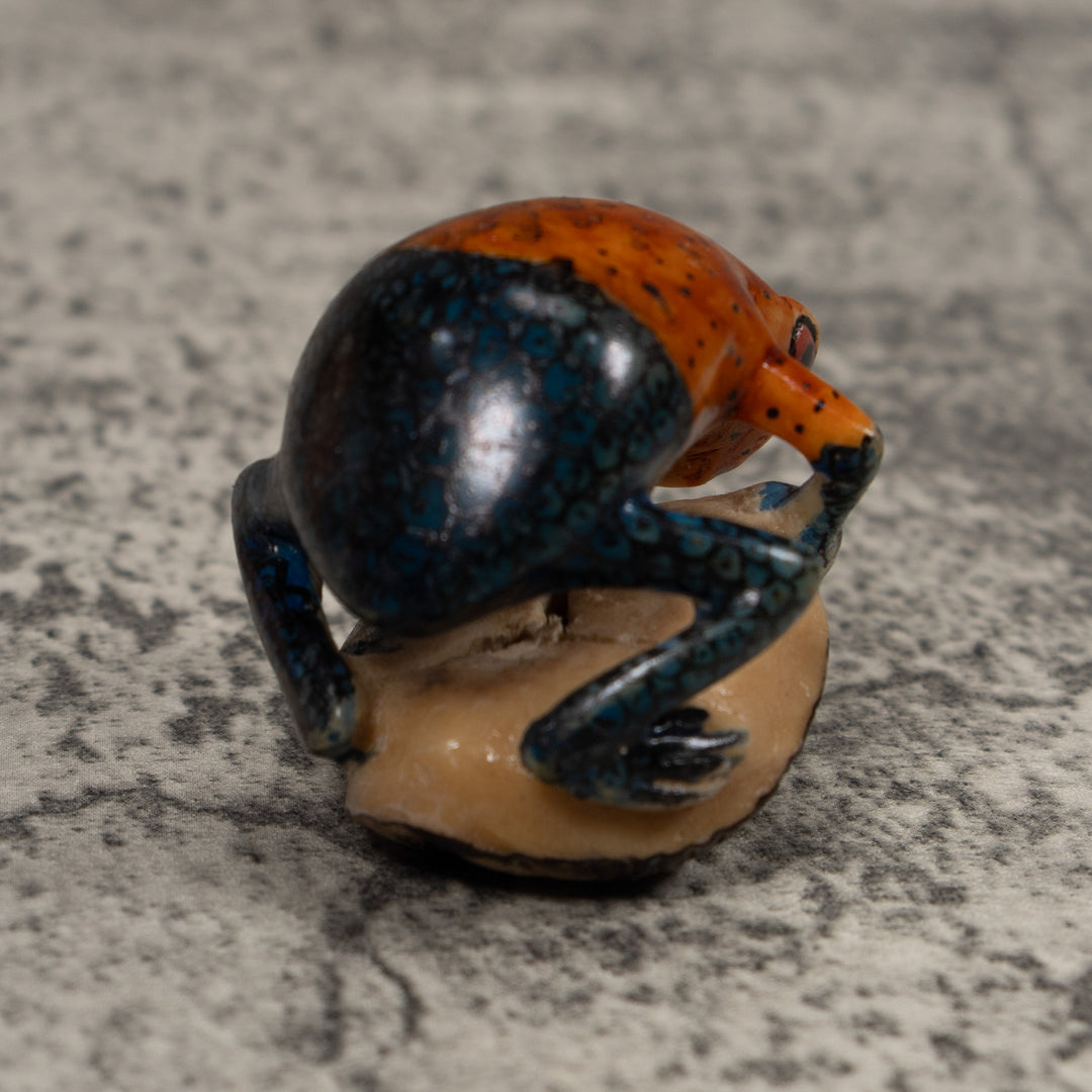 Vintage Blue And Red Frog Tagua Carving
