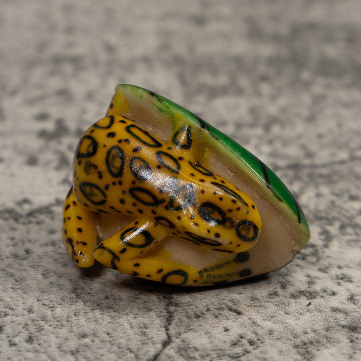Vintage Black Yellow And Green Frog Tagua Carving