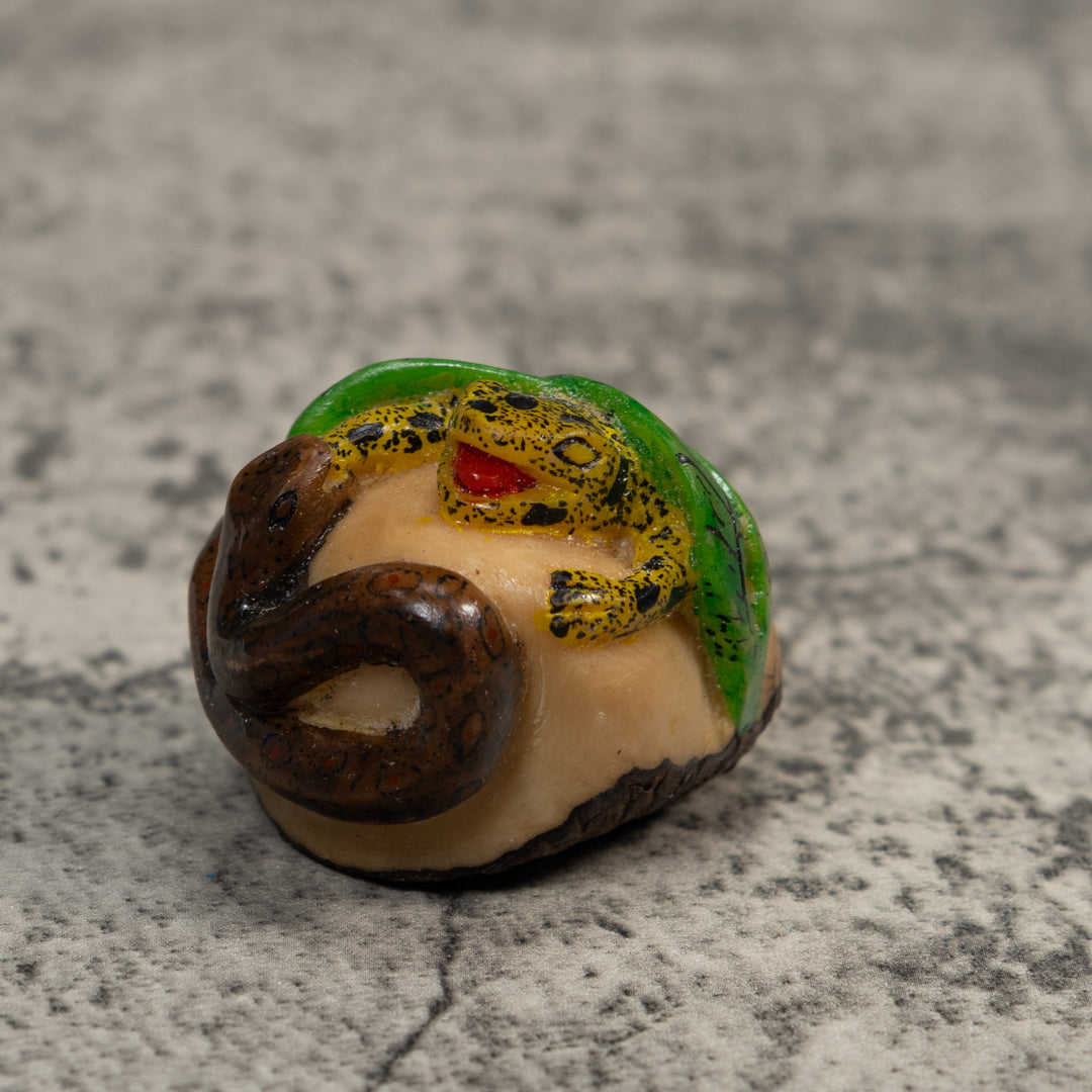 Yellow Brown And Green Snake Eating Frog Tagua Carving