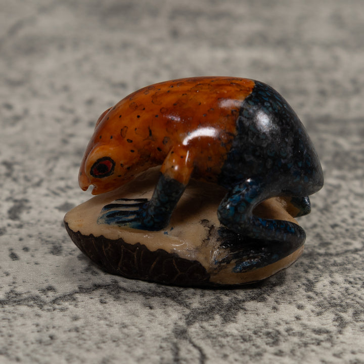 Vintage Blue And Red Frog Tagua Carving