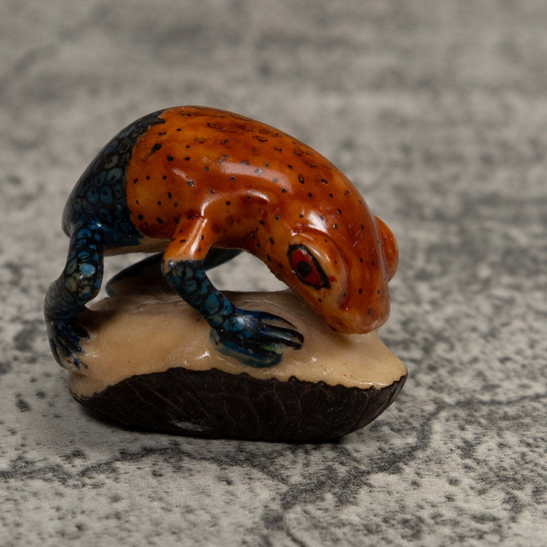 Vintage Blue And Red Frog Tagua Carving