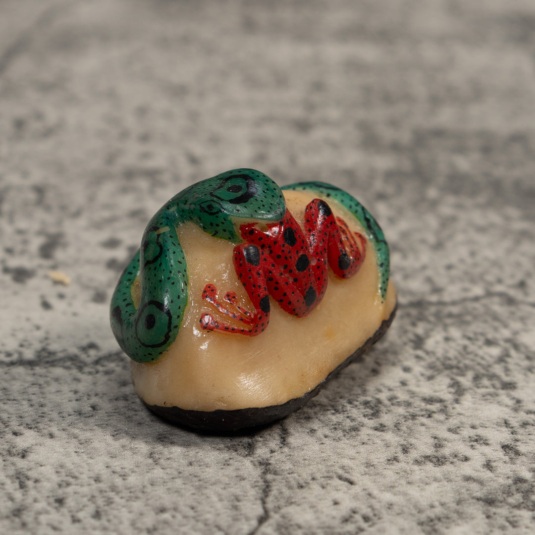 Vintage Red And Green Snake Eating A Frog Tagua Carving