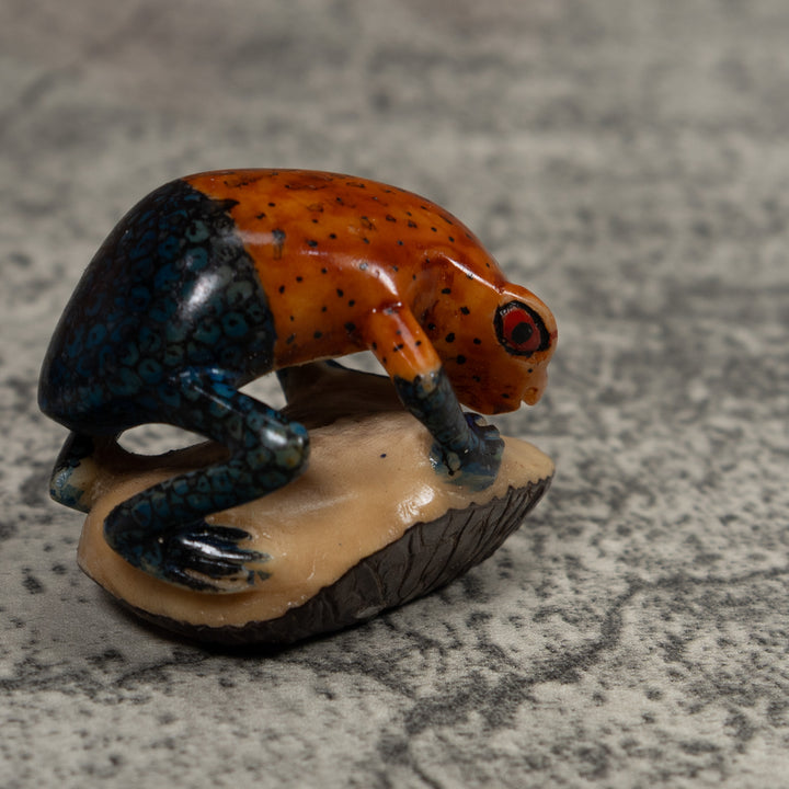 Vintage Blue And Red Frog Tagua Carving