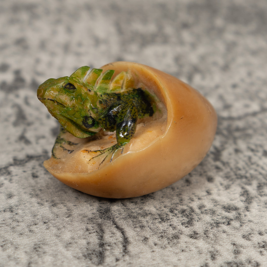 Vintage Iguana Lizard Emering From Egg Tagua Carving