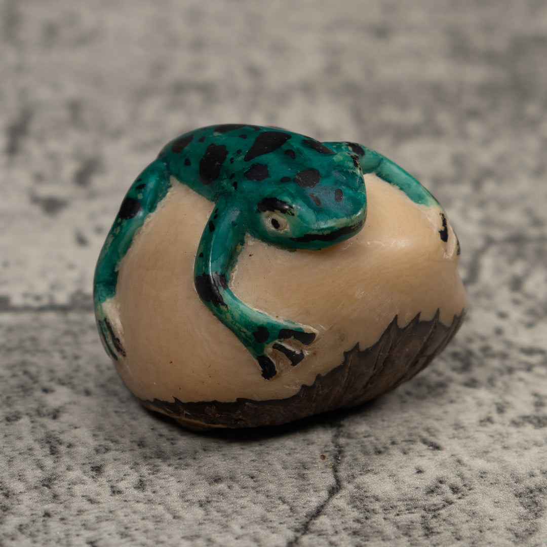 Vintage Blue Green And Black Frog Tagua Carving