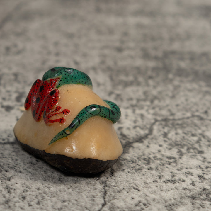 Vintage Red And Green Snake Eating A Frog Tagua Carving