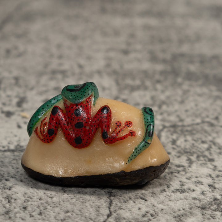 Vintage Red And Green Snake Eating A Frog Tagua Carving