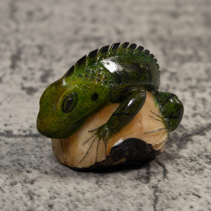 Vintage Green And Black Iguana Lizard Tagua Carving