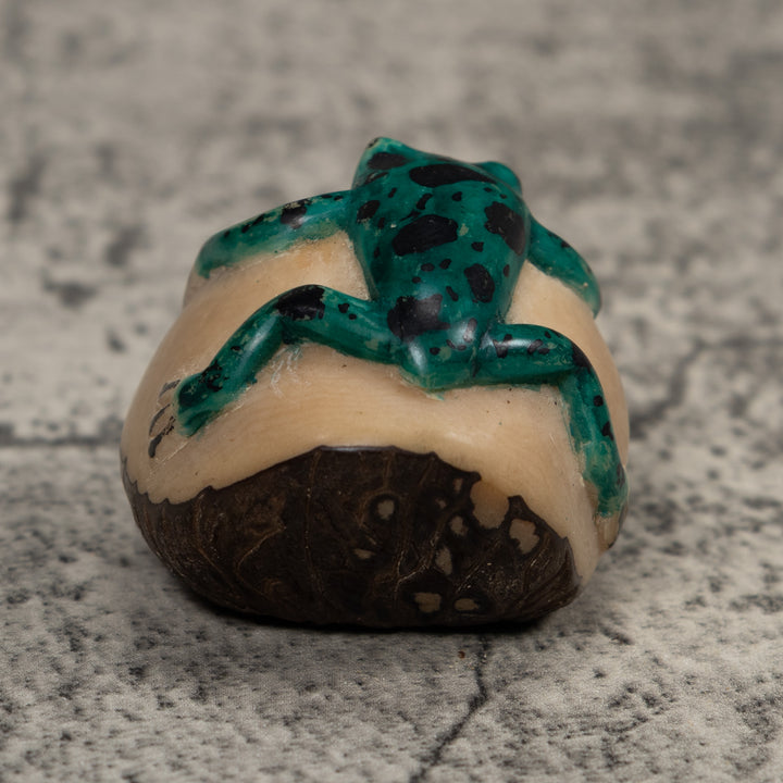 Vintage Blue Green And Black Frog Tagua Carving