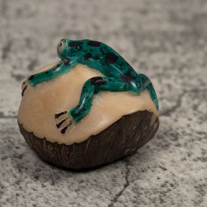 Vintage Blue Green And Black Frog Tagua Carving