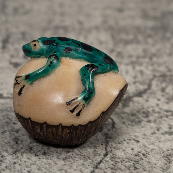Vintage Blue Green And Black Frog Tagua Carving