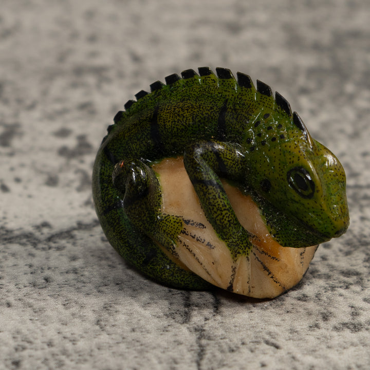 Vintage Green And Black Iguana Lizard Tagua Carving