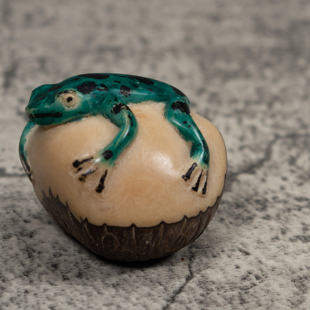 Vintage Blue Green And Black Frog Tagua Carving