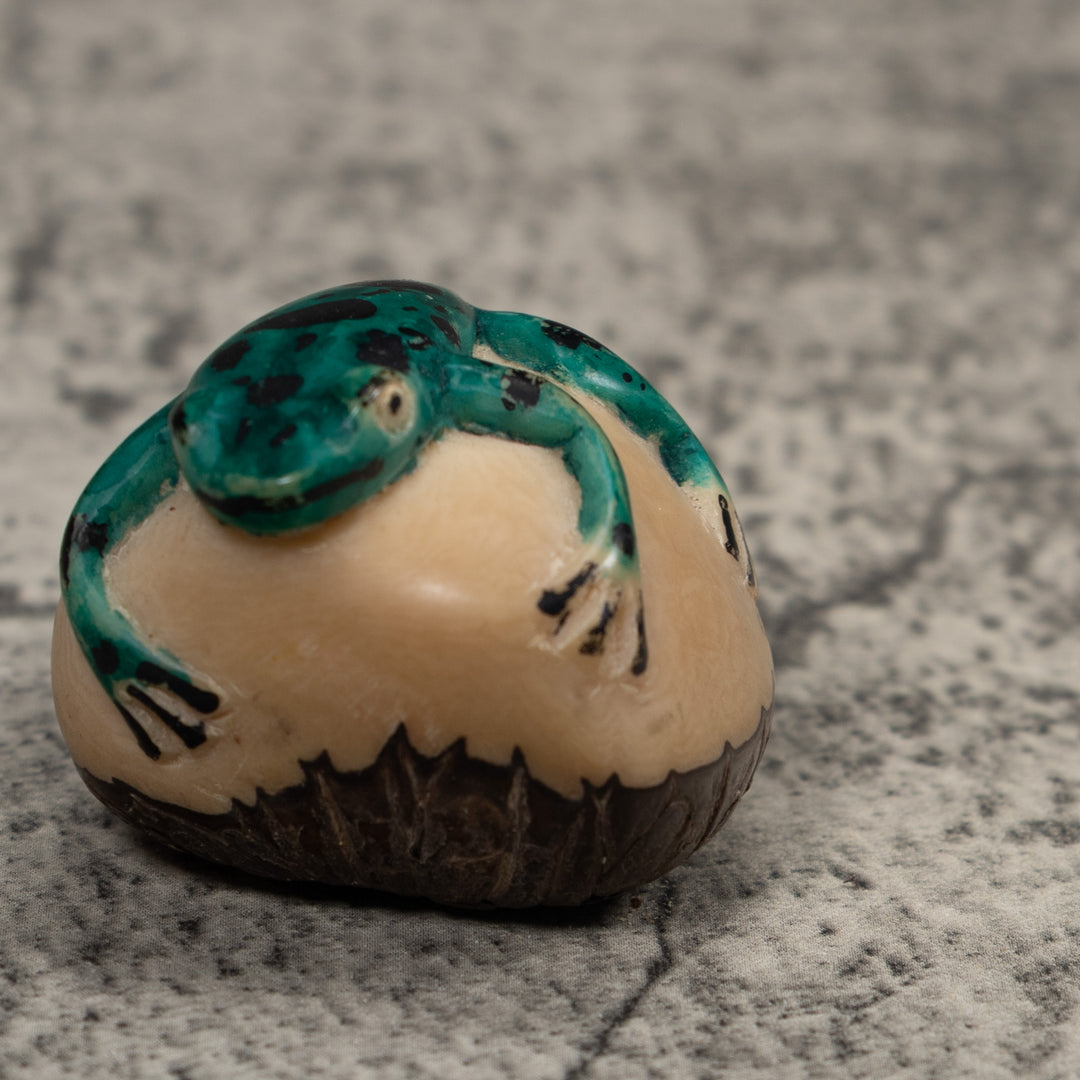 Vintage Blue Green And Black Frog Tagua Carving