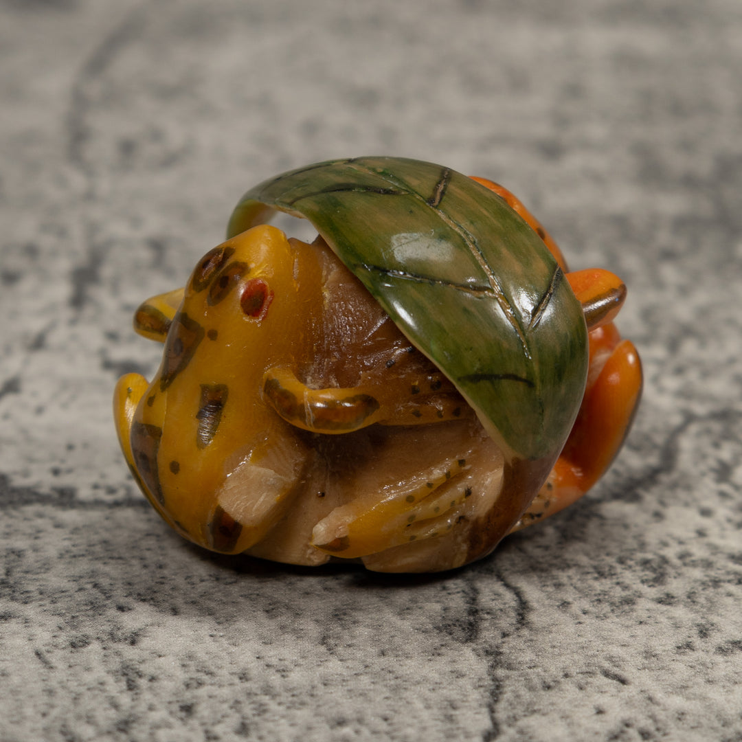 Vintage Gold Green And Yellow Double Frog Tagua Carving