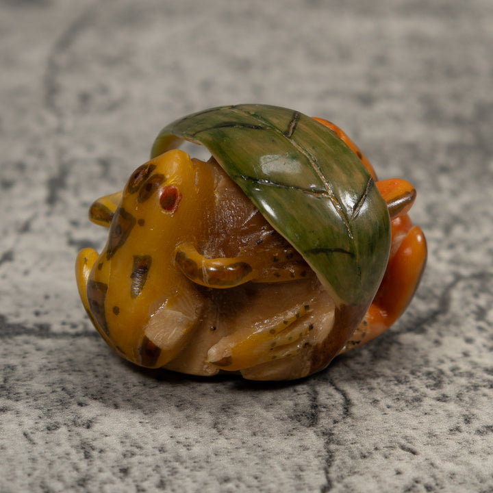 Vintage Gold Green And Yellow Double Frog Tagua Carving
