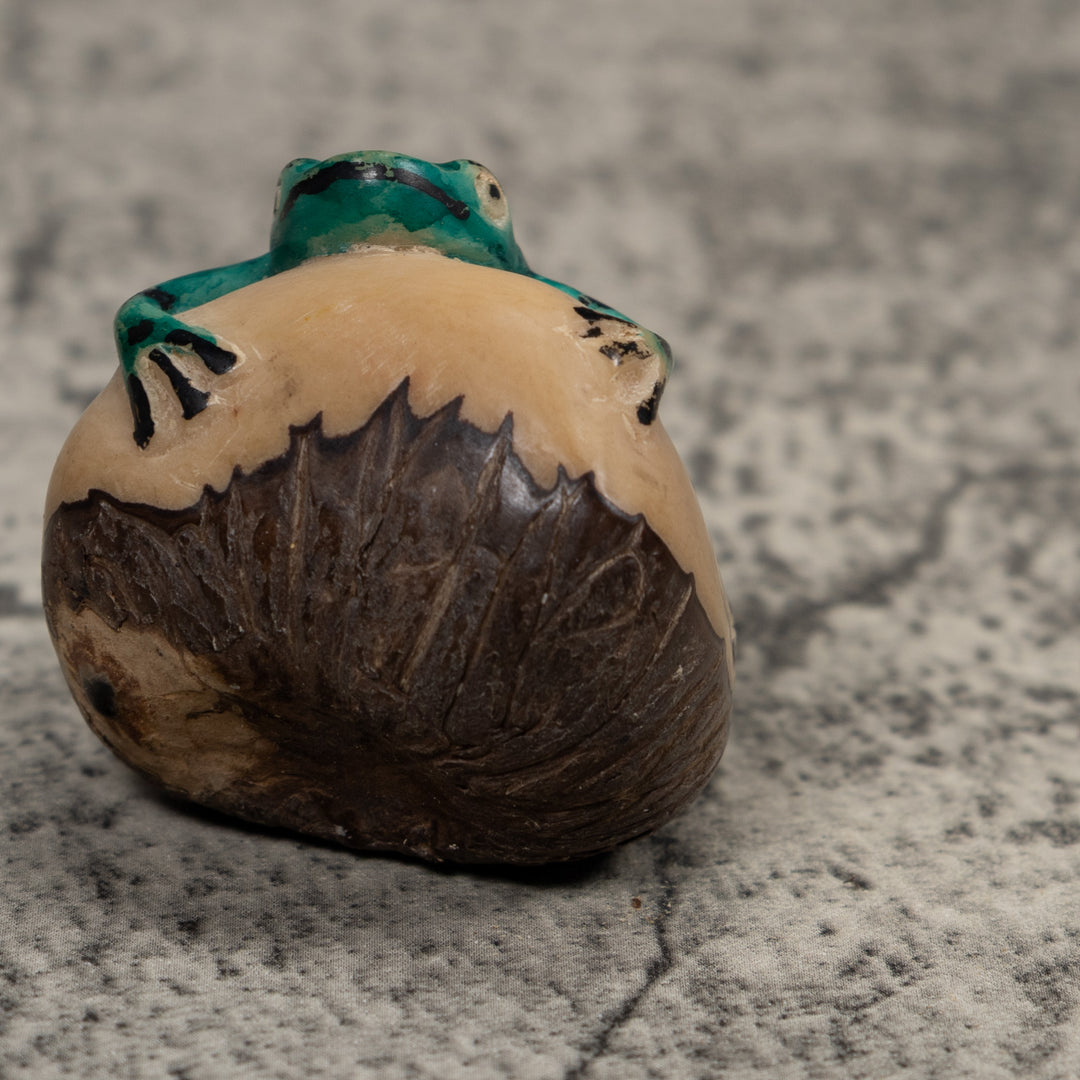 Vintage Blue Green And Black Frog Tagua Carving