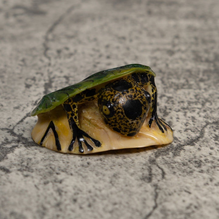 Black And Yellow Frog Under Leaf Tagua Carving