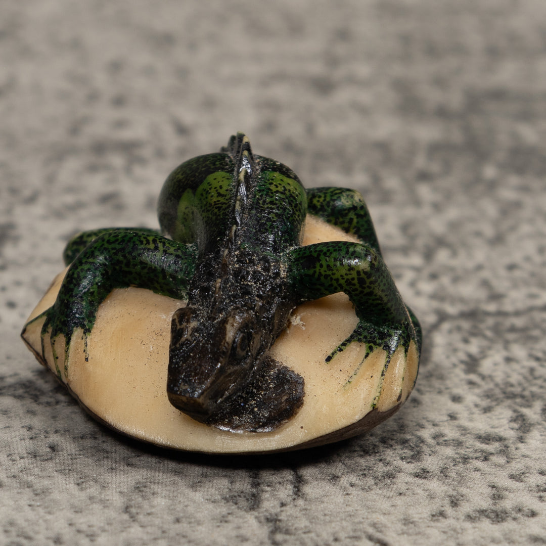 Vintage Black Green Iguana Tagua Carving