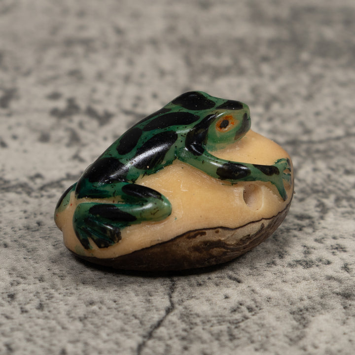 Vintage Green And Black Frog Tagua Carving
