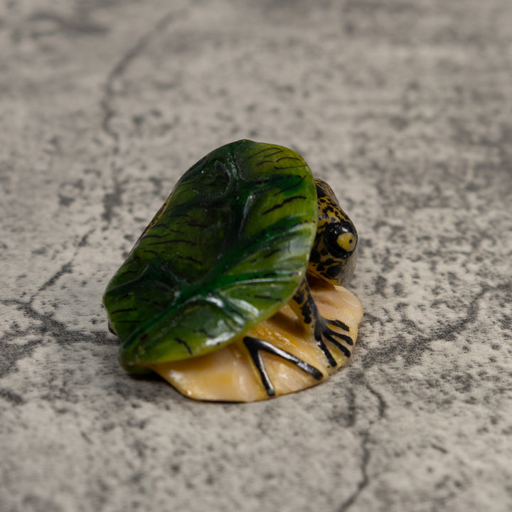 Black And Yellow Frog Under Leaf Tagua Carving