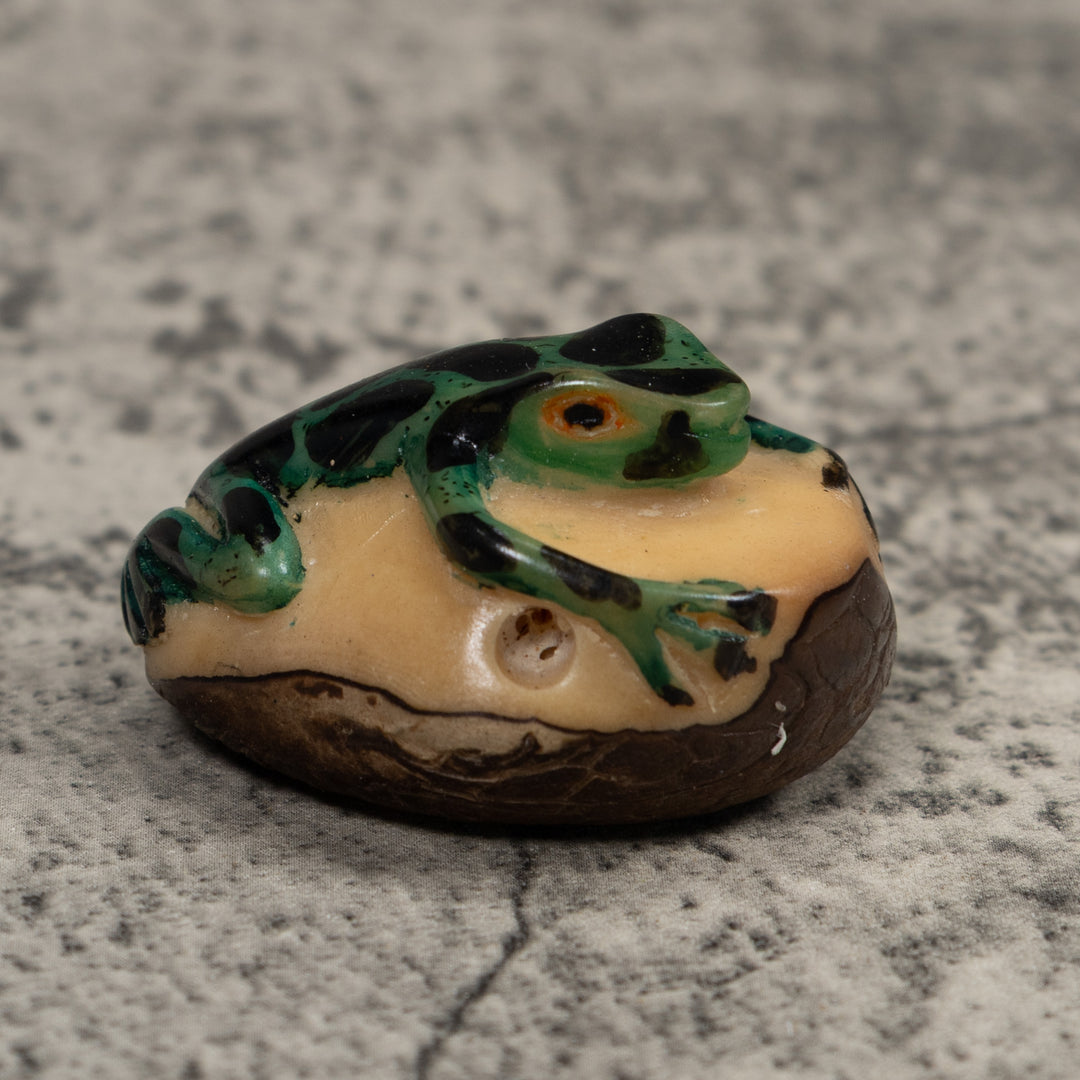 Vintage Green And Black Frog Tagua Carving