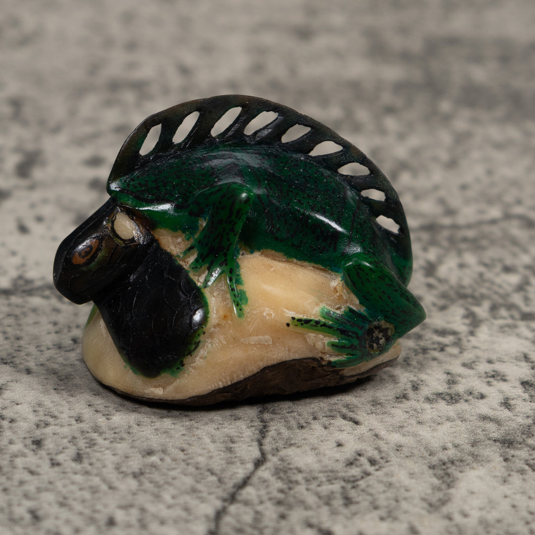 Vintage Black Green Iguana Tagua Carving