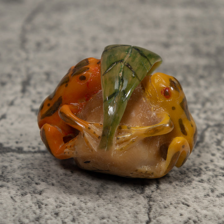 Vintage Gold Green And Yellow Double Frog Tagua Carving