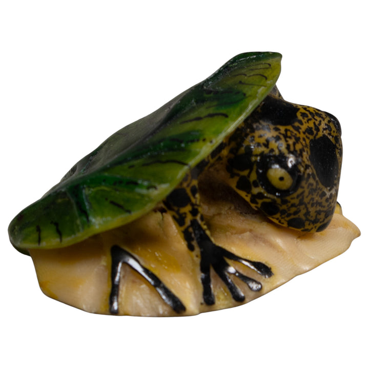 Black And Yellow Frog Under Leaf Tagua Carving