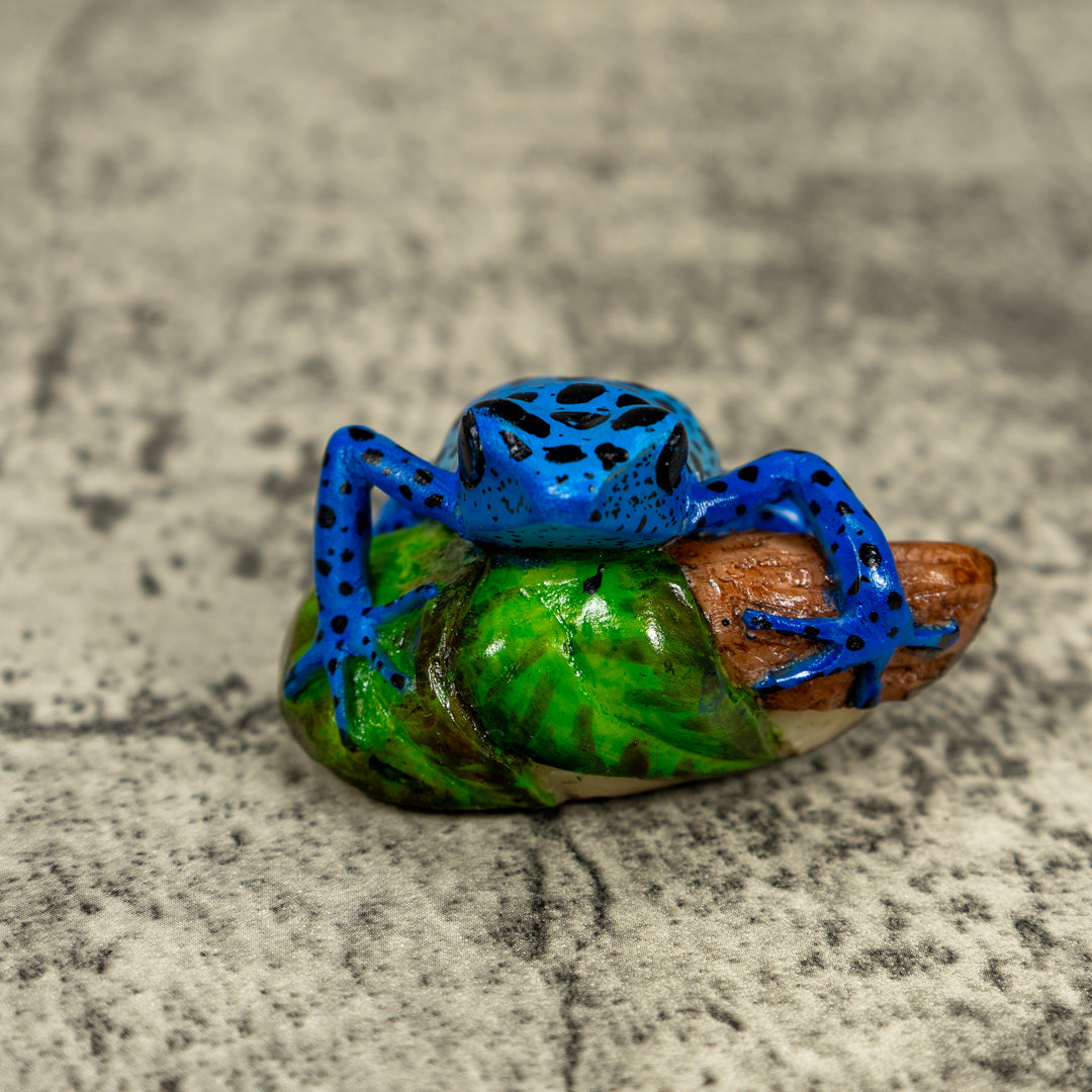 Blue And Black Poison Dart Frog On Log Tagua Carving