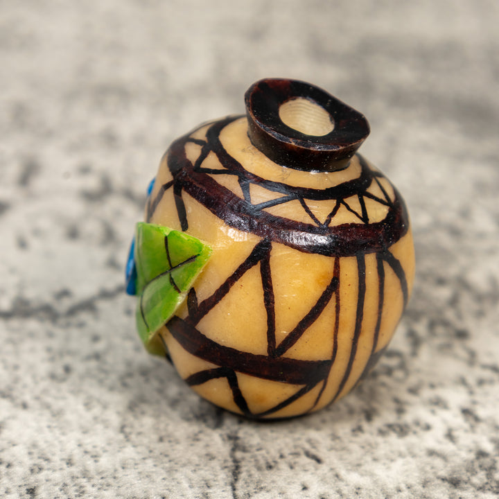 Etched Blue Frog On Vase Tagua Carving
