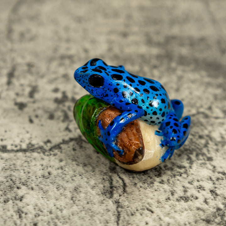 Blue And Black Poison Dart Frog On Log Tagua Carving