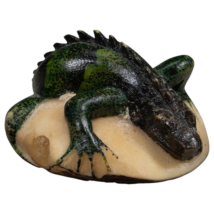 Vintage Black Green Iguana Tagua Carving