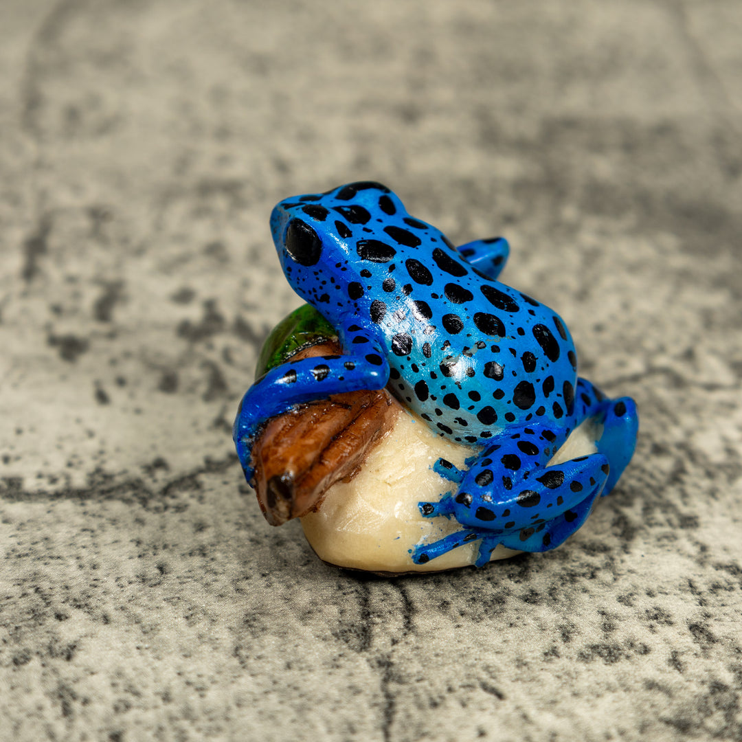 Blue And Black Poison Dart Frog On Log Tagua Carving