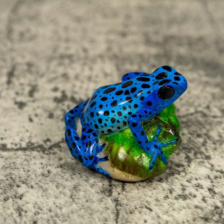 Blue And Black Poison Dart Frog On Log Tagua Carving