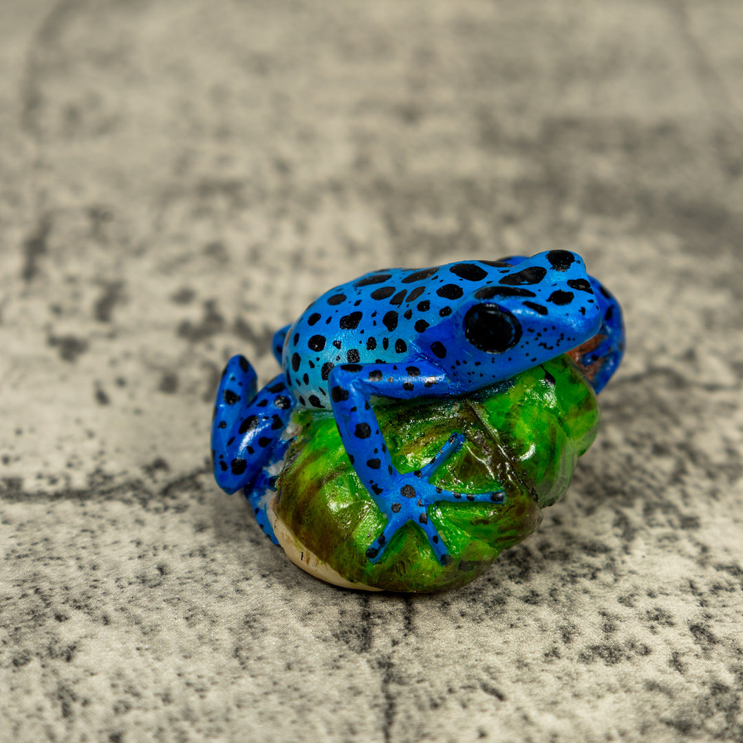 Blue And Black Poison Dart Frog On Log Tagua Carving