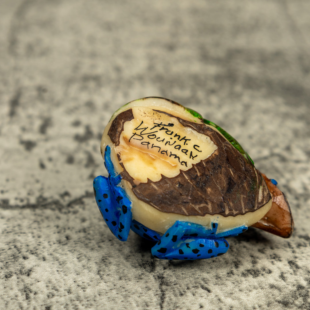 Blue And Black Poison Dart Frog On Log Tagua Carving
