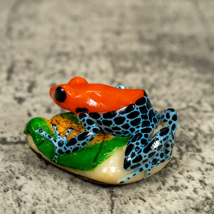 Blue Orange And Black Poison Dart Frog On Leaf Tagua Carving